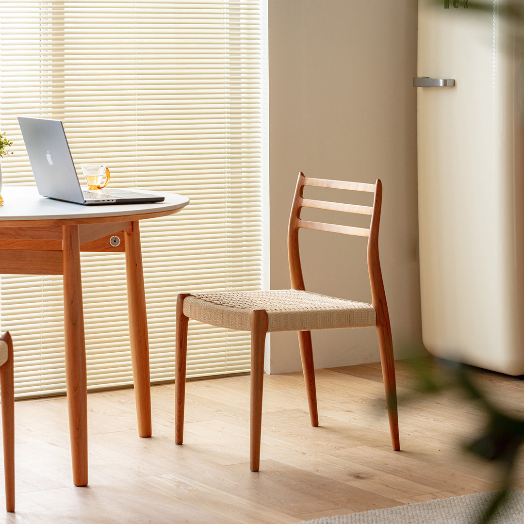 Scandinavian cherry wood woven rope dining chair autumn material variants.