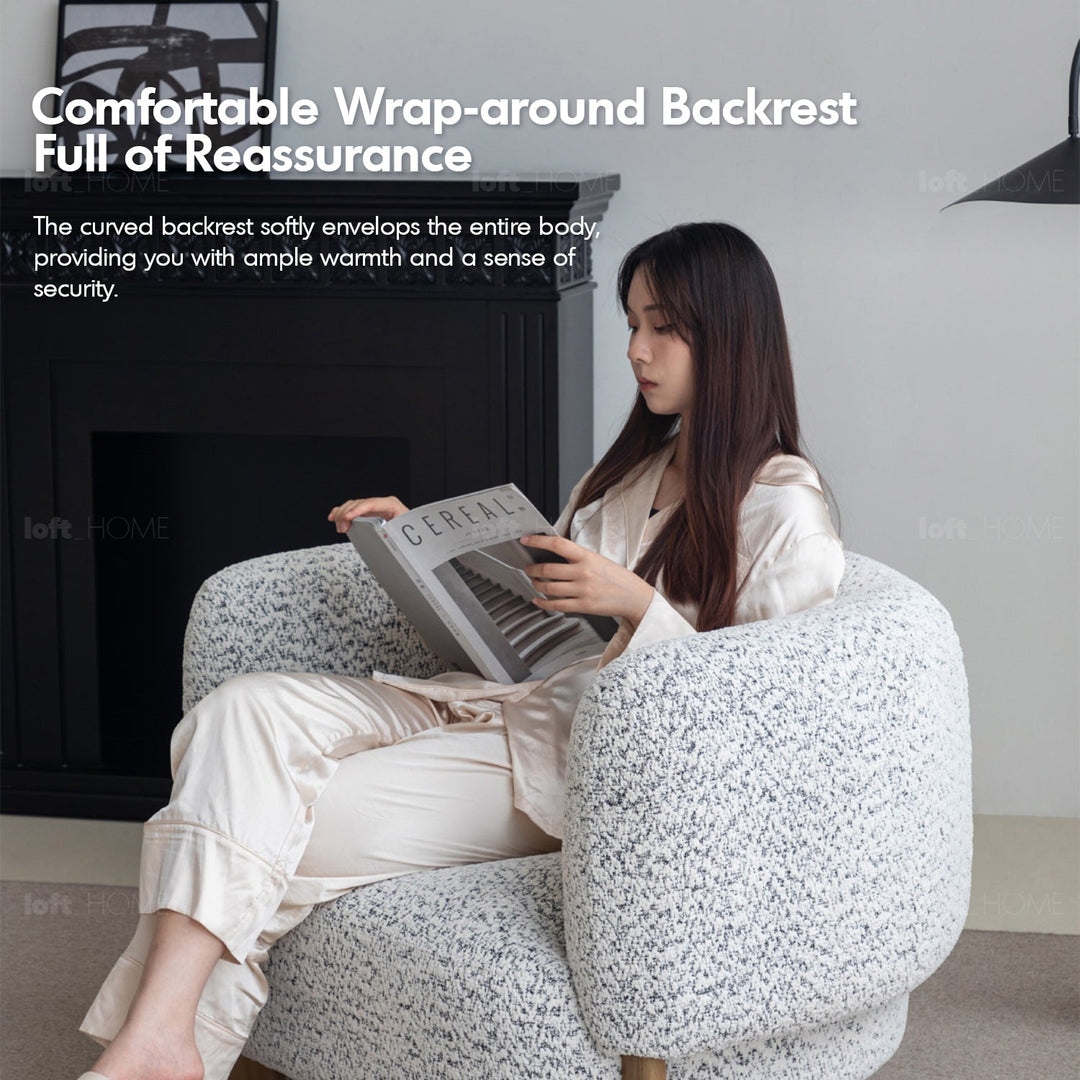 Scandinavian chenille velvet fabric 1 seater sofa embrace in details.