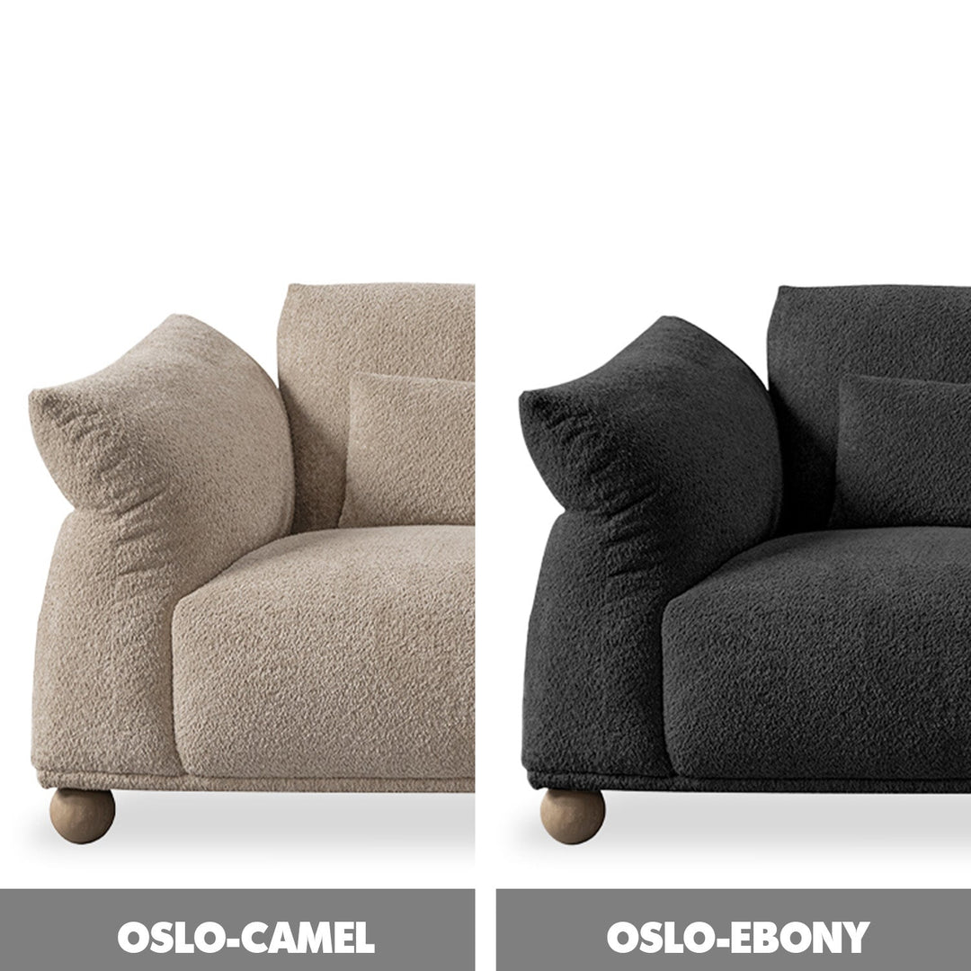Scandinavian fabric 3 seater sofa fondue color swatches.