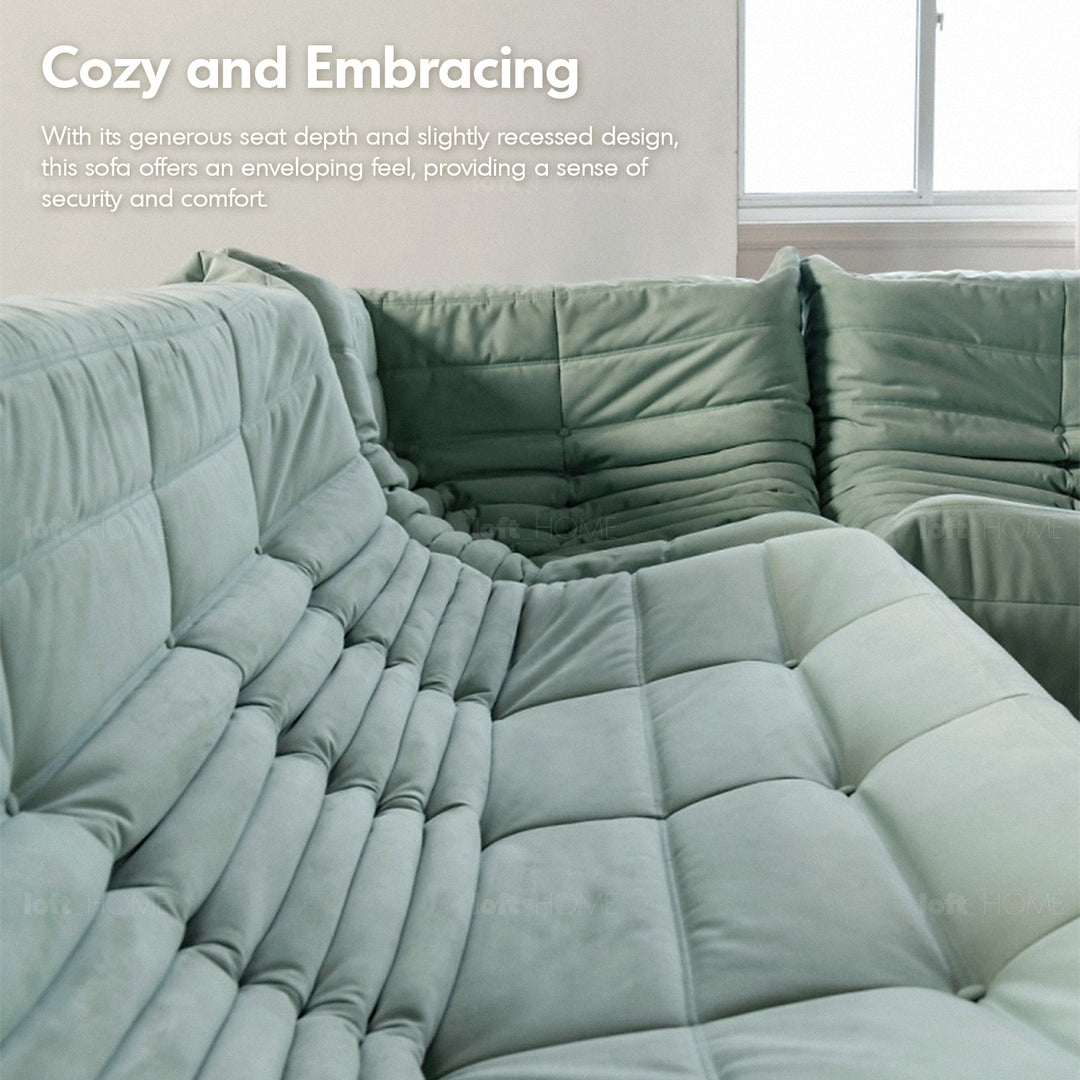 Scandinavian fabric modular 1 seater sofa cater in close up details.