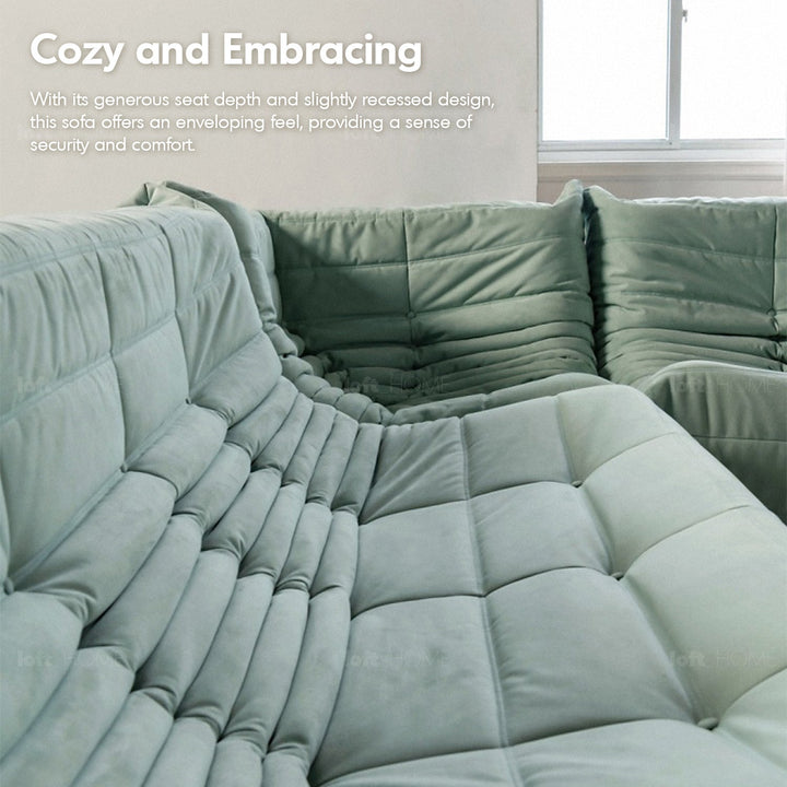 Scandinavian fabric modular 2 seater sofa cater in close up details.