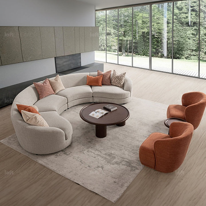 Scandinavian fabric modular 4 seater sofa groove in panoramic view.