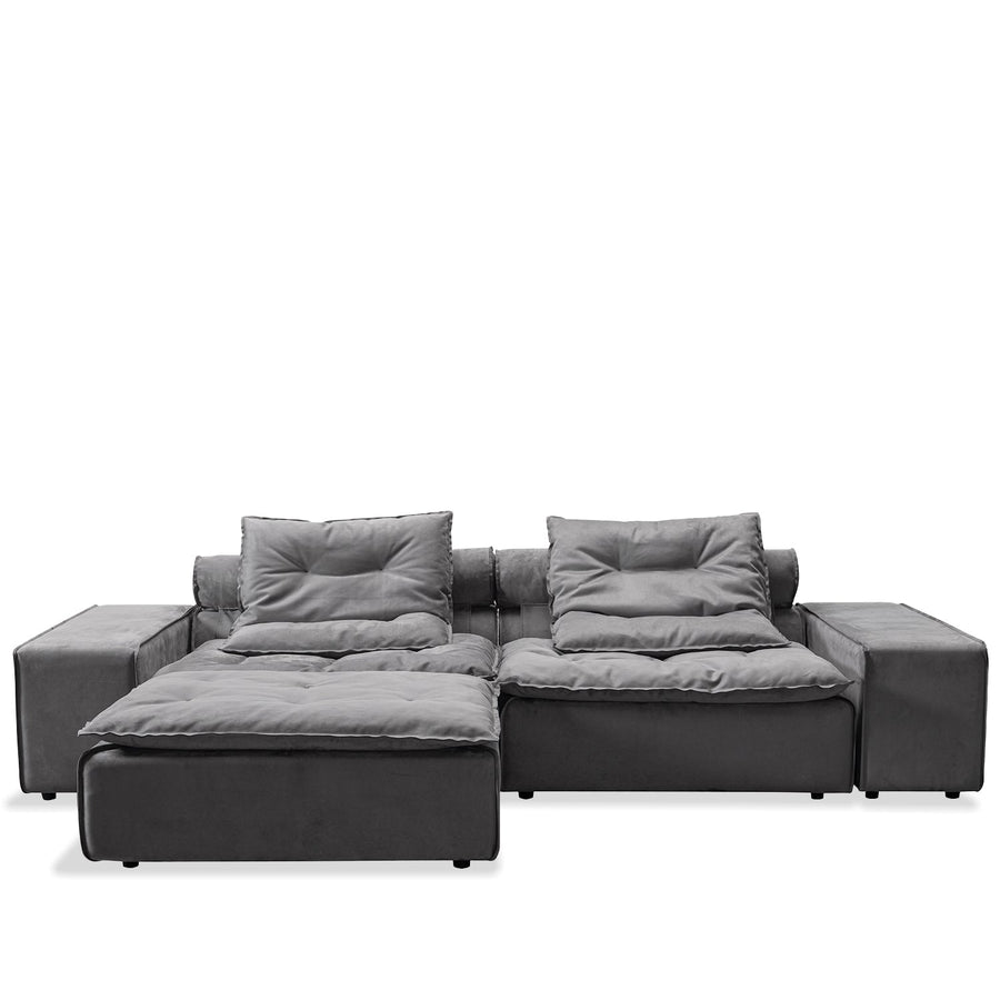Scandinavian fabric modular 3 seater sofa with ottoman woolen in white background.