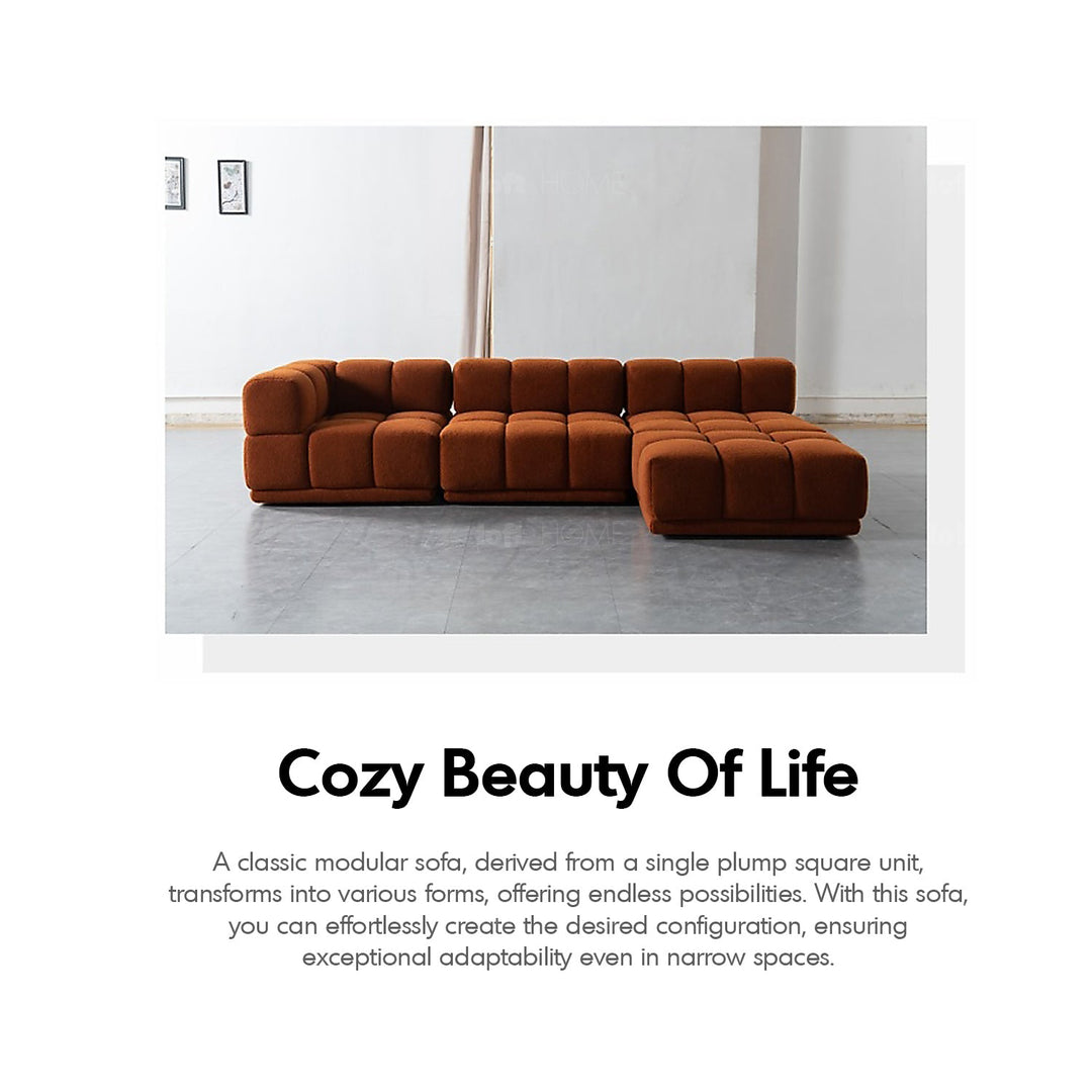Scandinavian teddy fabric modular 4.5 seater sofa cuboid material variants.