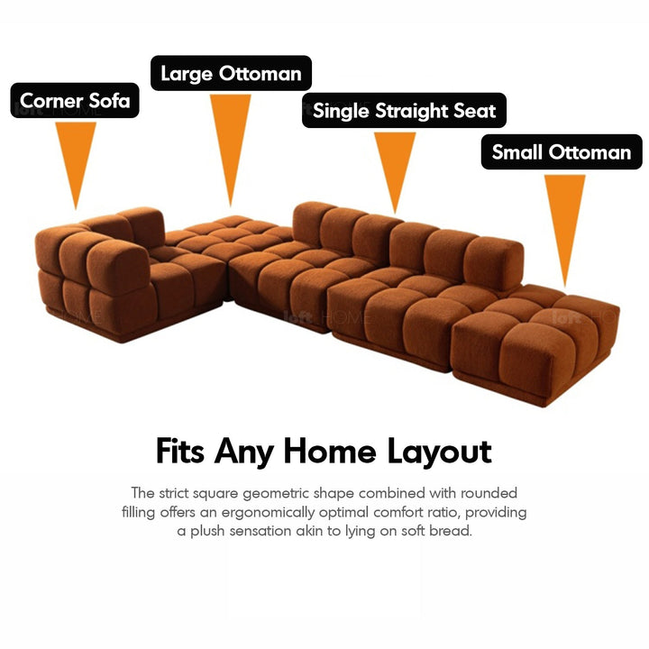 Scandinavian teddy fabric modular 4.5 seater sofa cuboid in real life style.