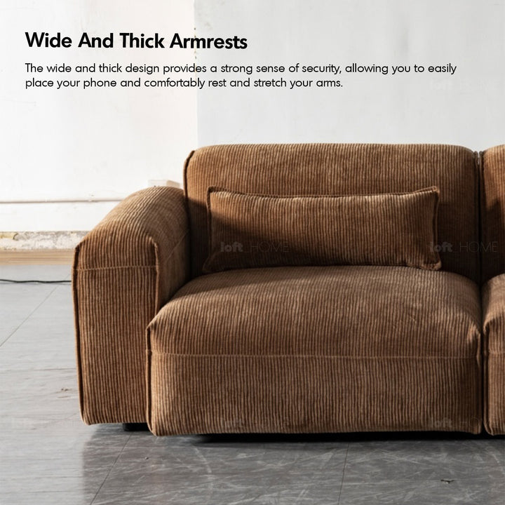 Scandinavian corduroy velvet fabric modular 3 seater sofa opera in close up details.