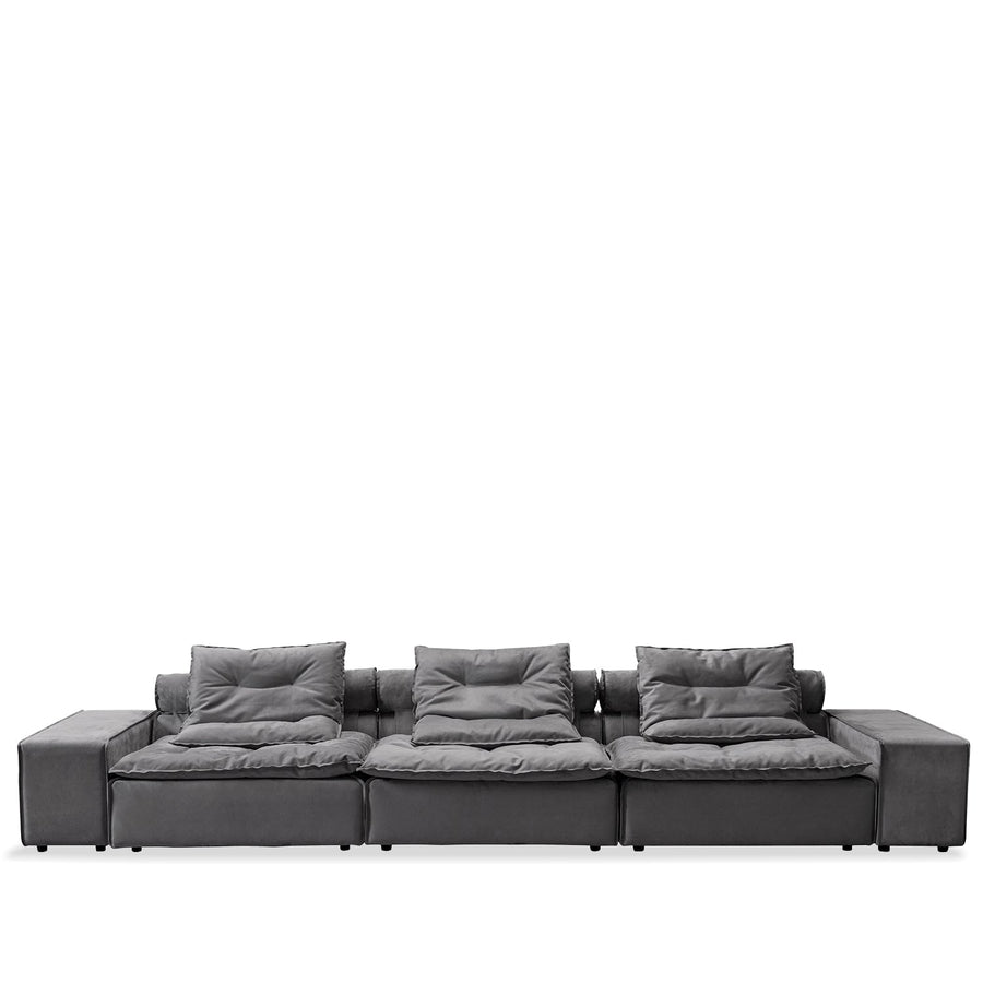 Scandinavian fabric modular 4.5 seater sofa woolen in white background.