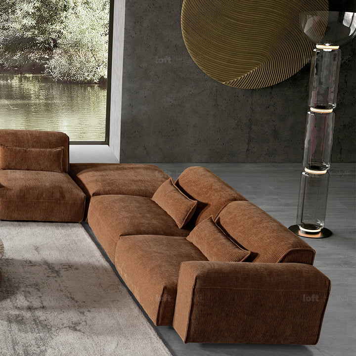 Scandinavian corduroy velvet fabric modular 4.5 seater sofa opera in still life.