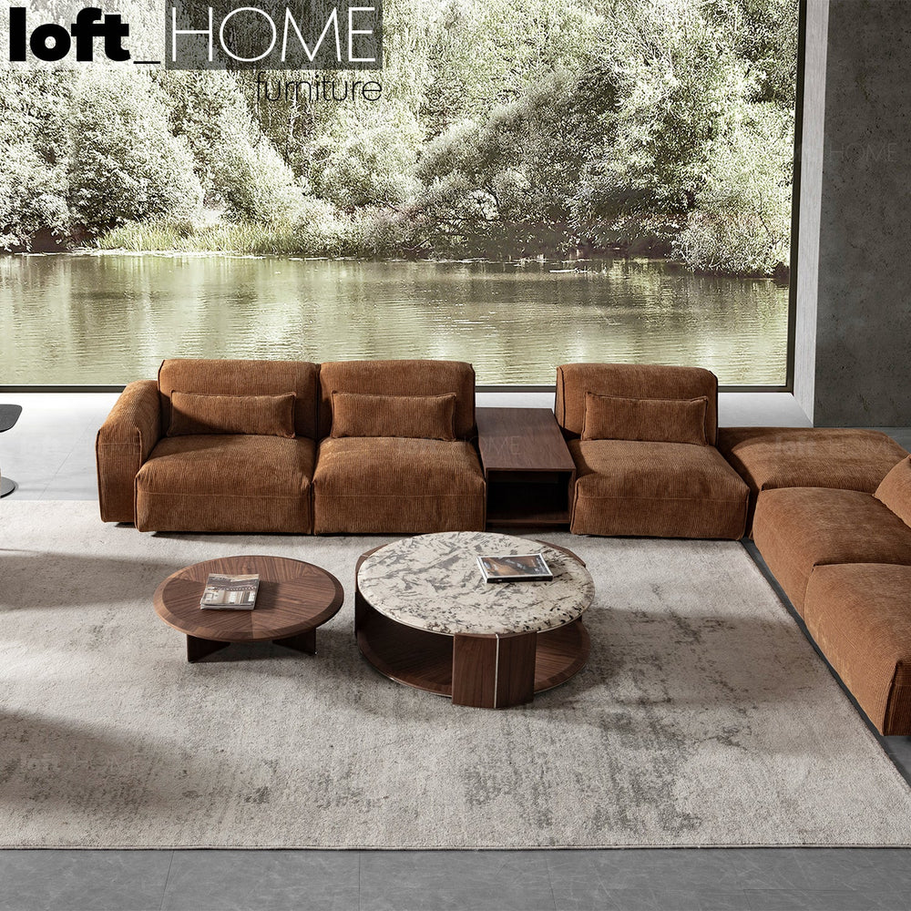 Scandinavian corduroy velvet fabric modular 4.5 seater sofa opera primary product view.
