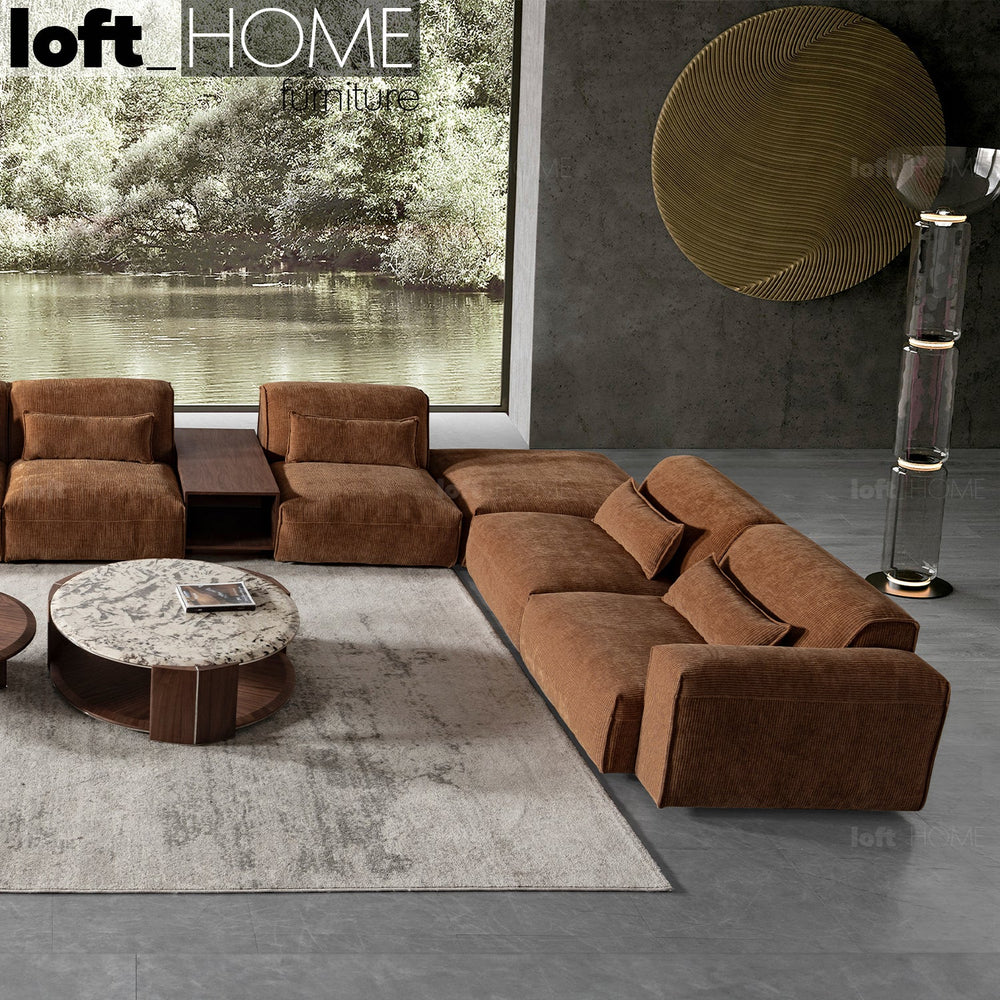 Scandinavian corduroy velvet fabric modular 6 seater sofa opera primary product view.