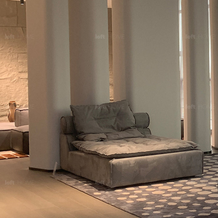 Scandinavian fabric modular chaise sofa woolen in close up details.