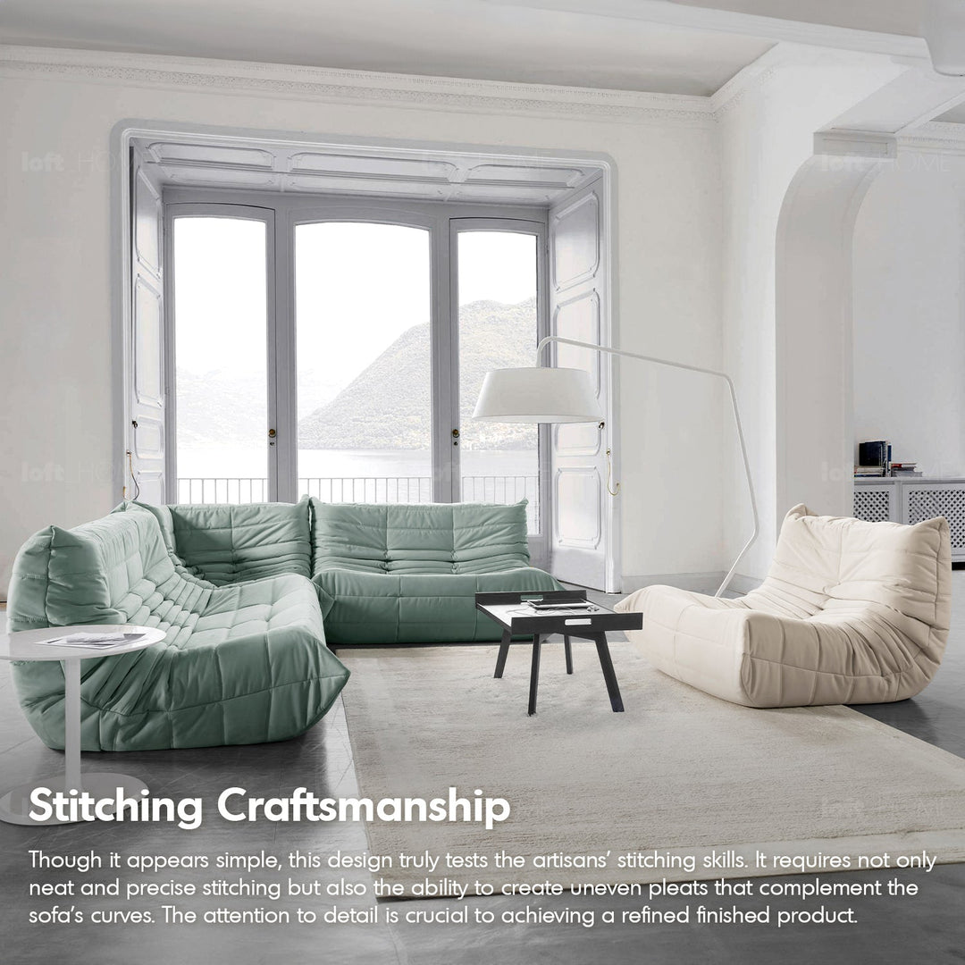 Scandinavian fabric modular corner 1 seater sofa cater in panoramic view.