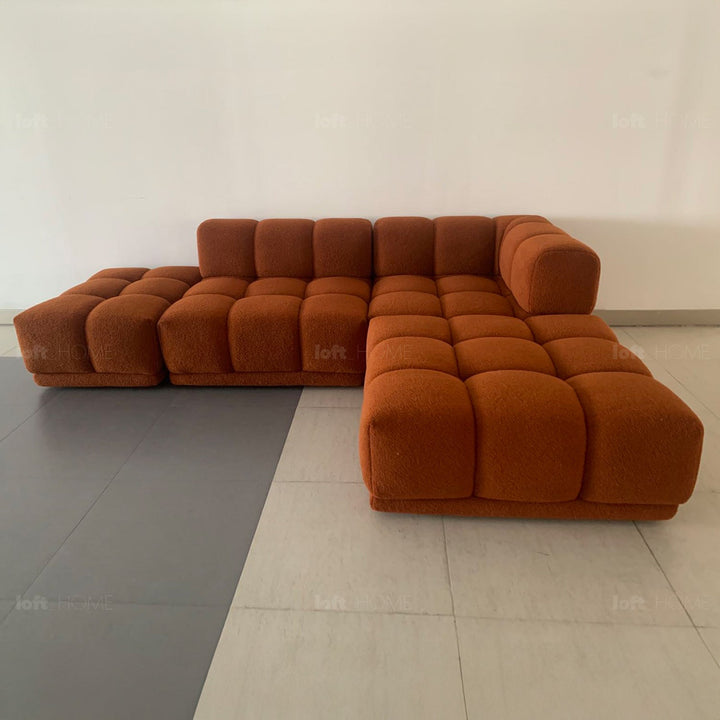 Scandinavian teddy fabric modular corner 1 seater sofa cuboid in panoramic view.