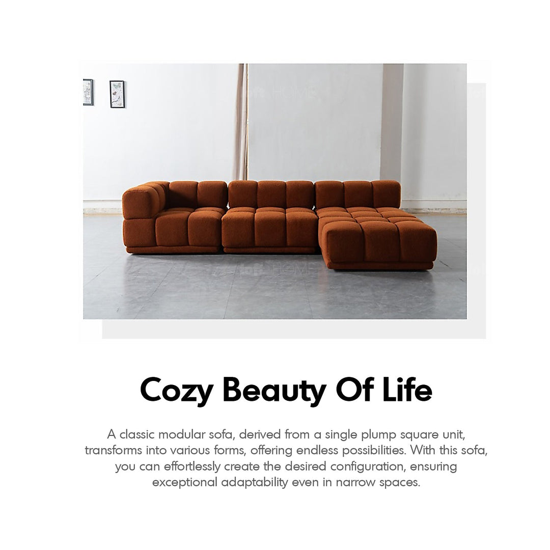 Scandinavian teddy fabric modular corner 1 seater sofa cuboid material variants.