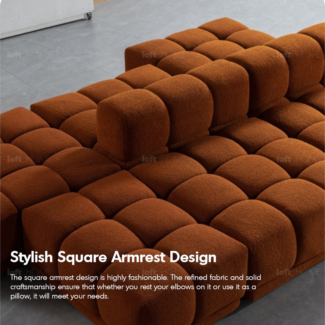 Scandinavian teddy fabric modular corner 1 seater sofa cuboid with context.