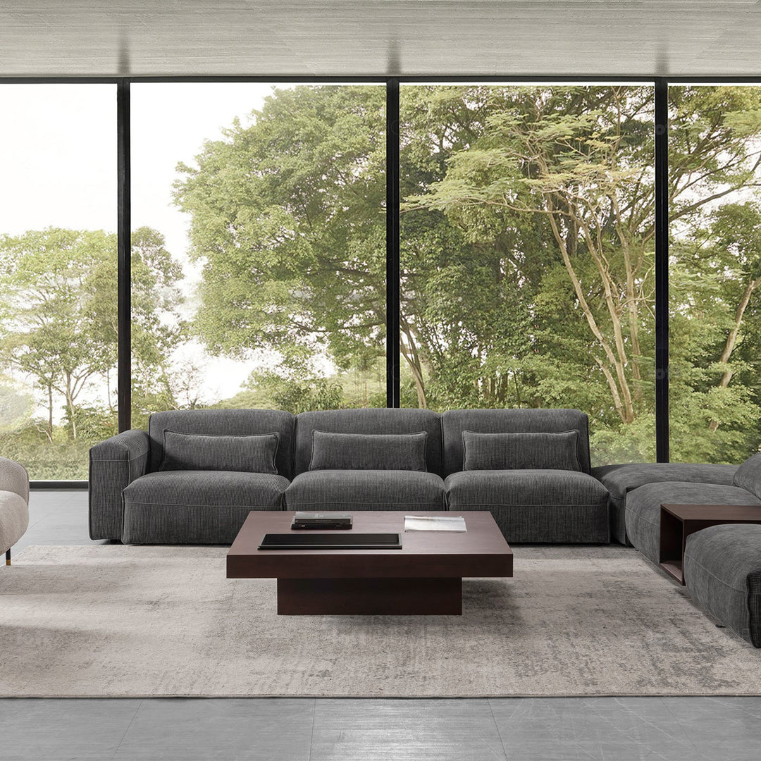 Scandinavian corduroy velvet fabric modular corner 1 seater sofa opera in still life.