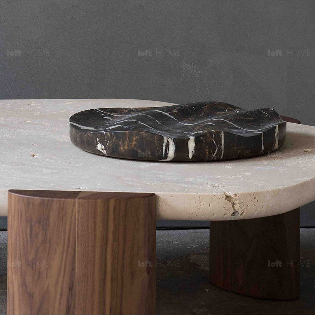 Scandinavian marble coffee table trawo in close up details.