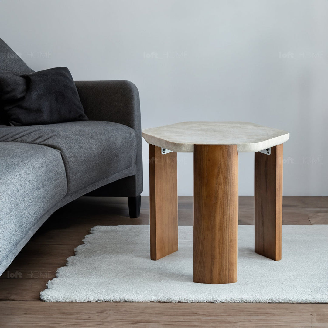 Scandinavian marble side table trawo in panoramic view.