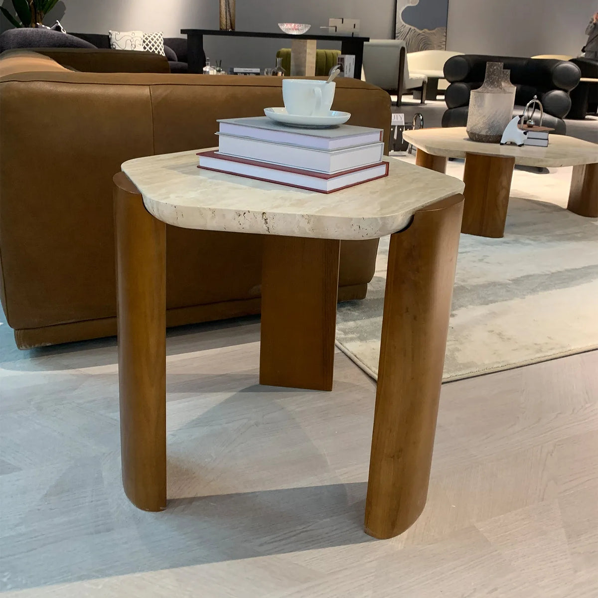 Scandinavian travertine stone side table trawo primary product view.