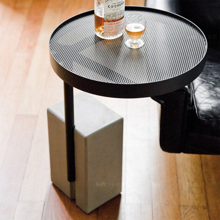 Scandinavian metal side table fjord layered structure.