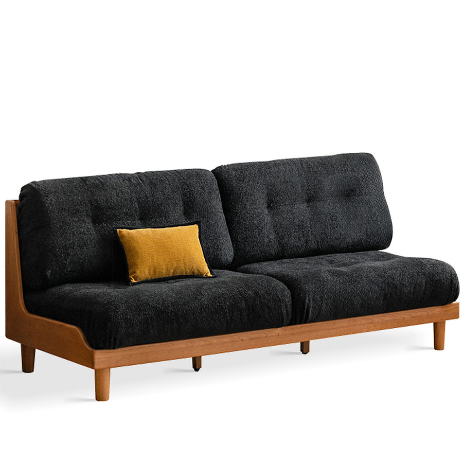 Scandinavian mixed weave fabric cherry wood 2 seater sofa undermoon in white background.