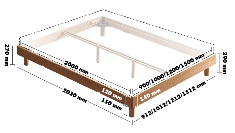 Scandinavian Oak Wood Platform Bed GRIMM Size Chart