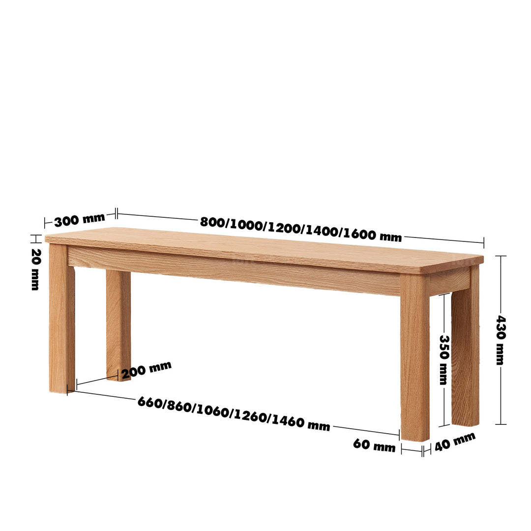 Scandinavian oak wood bench ligna size charts.