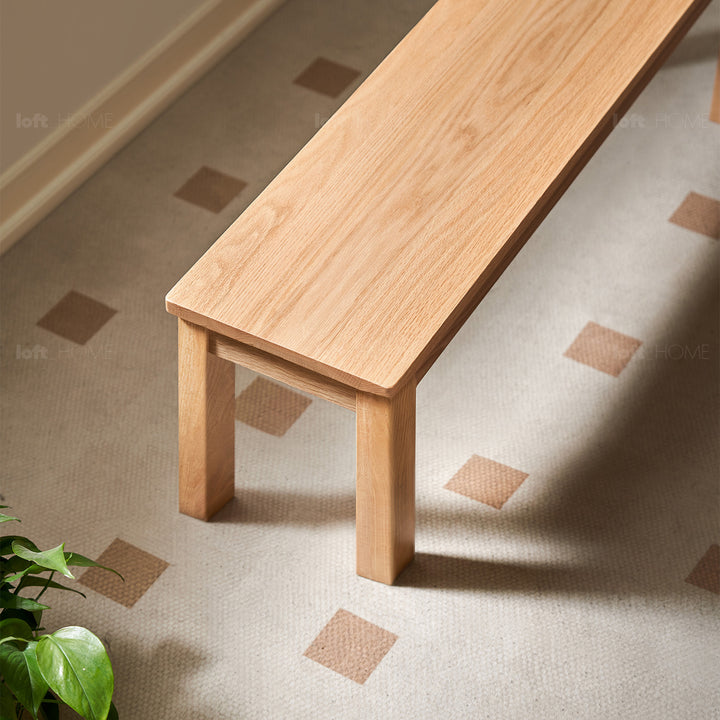 Scandinavian oak wood bench ligna in close up details.