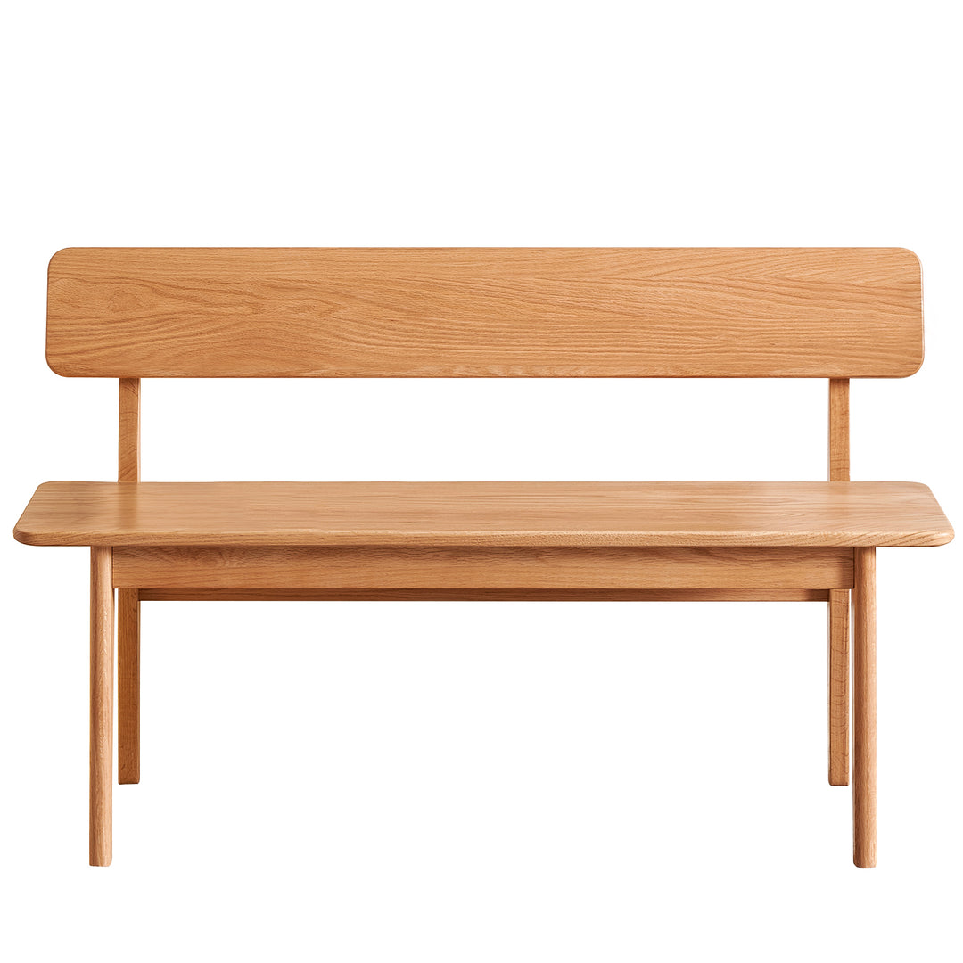 Scandinavian oak wood bench with backrest restly in white background.