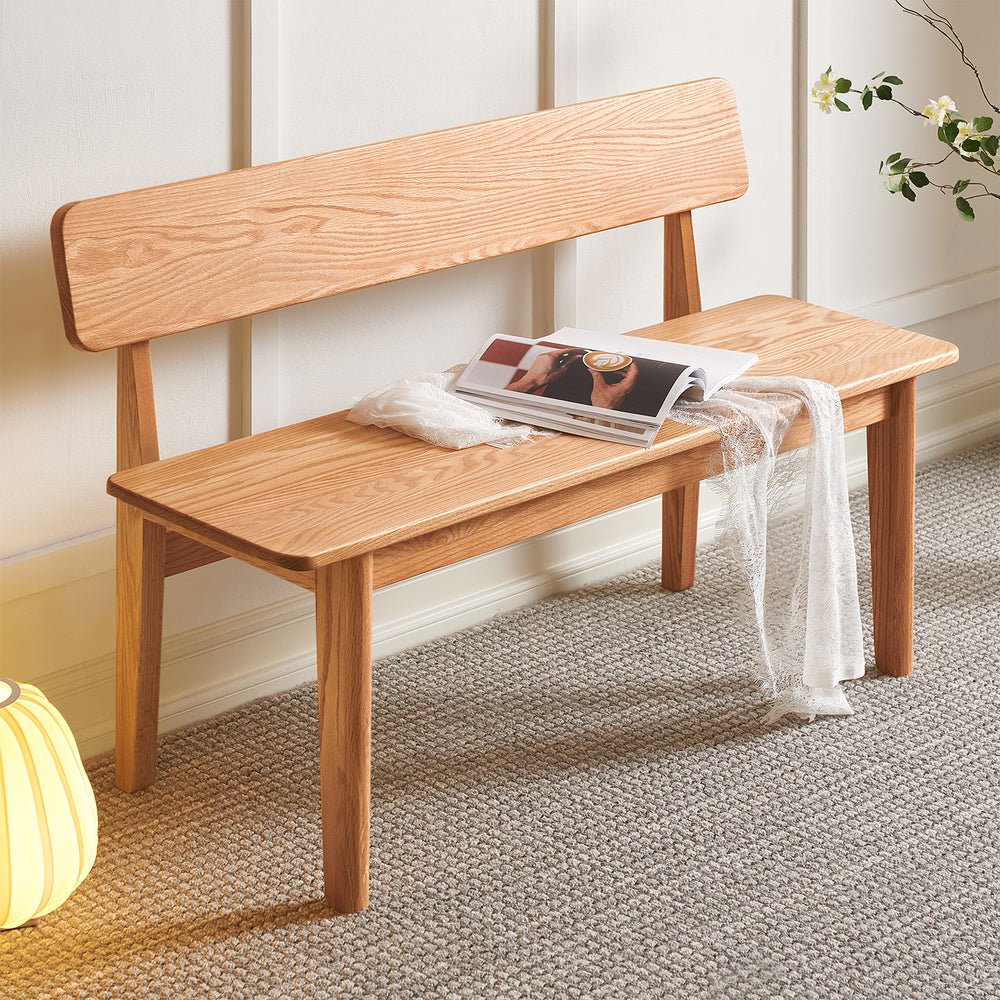 Scandinavian oak wood bench with backrest restly primary product view.