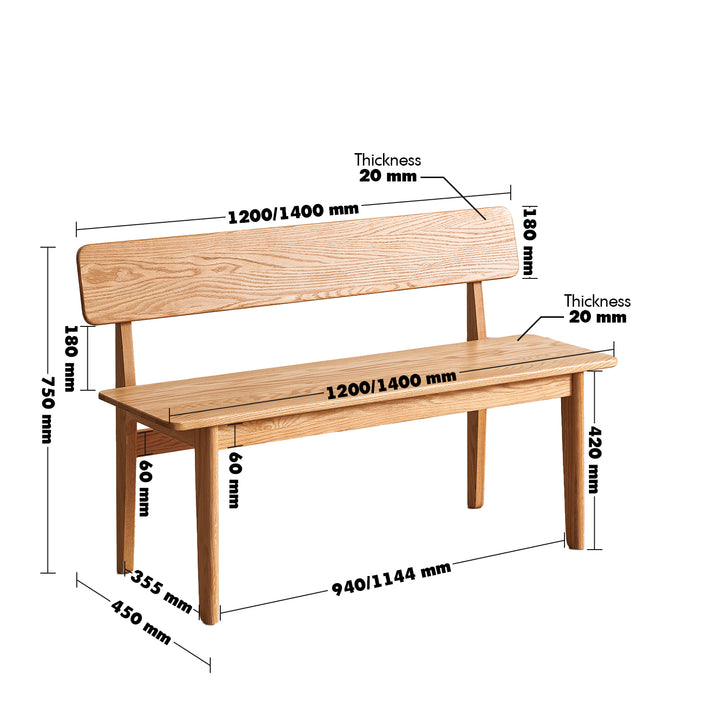 Scandinavian oak wood bench with backrest restly size charts.