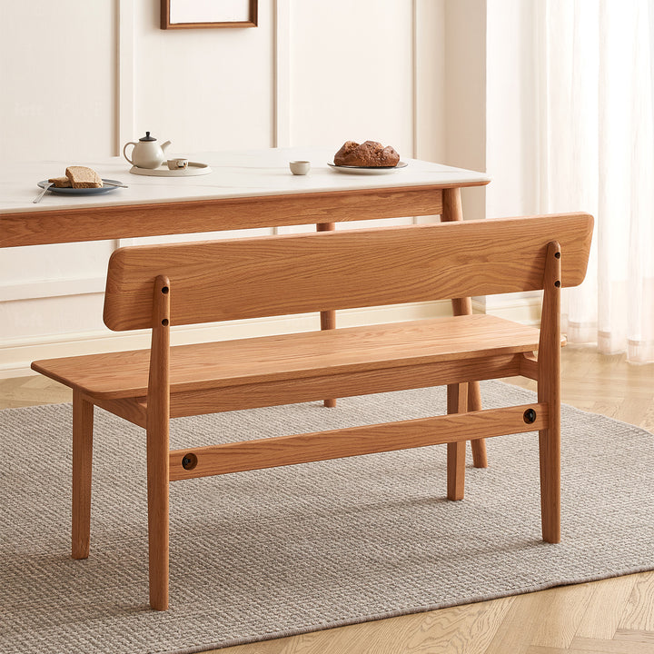 Scandinavian oak wood bench with backrest restly in details.