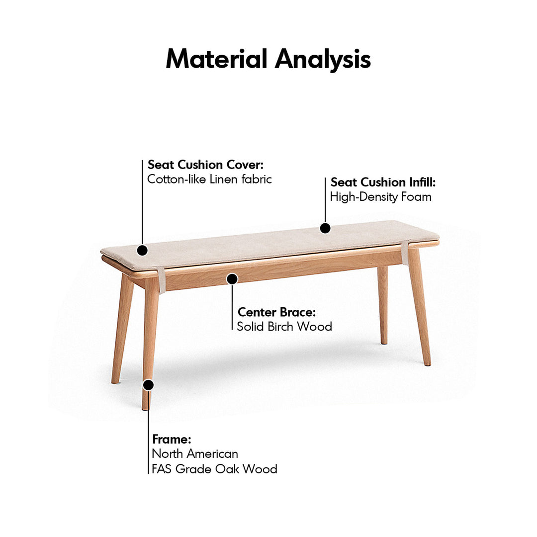 Scandinavian oak wood bench with cushion sereno conceptual design.