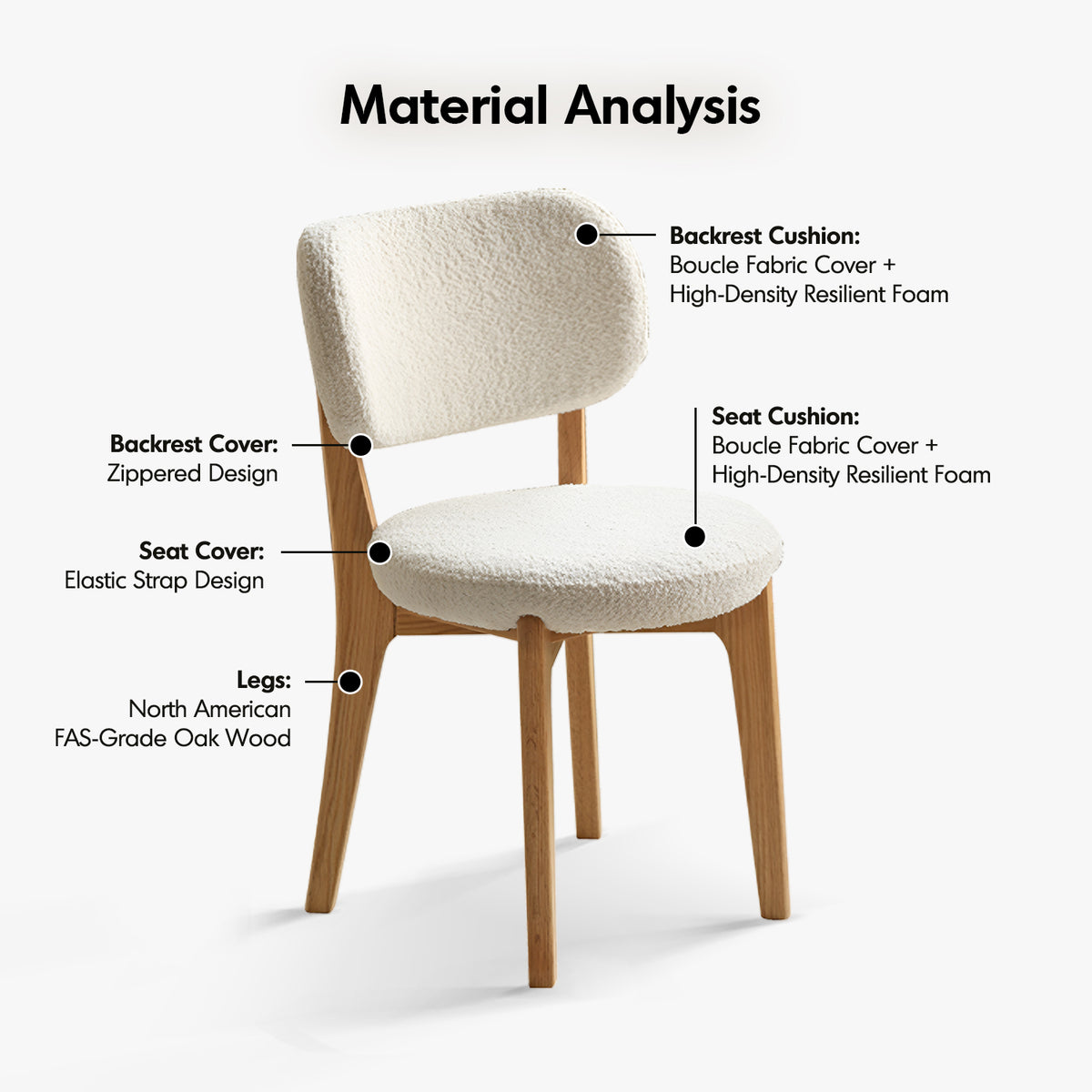 Scandinavian oak wood boucle fabric cover removable dining chair cloud detail 4.