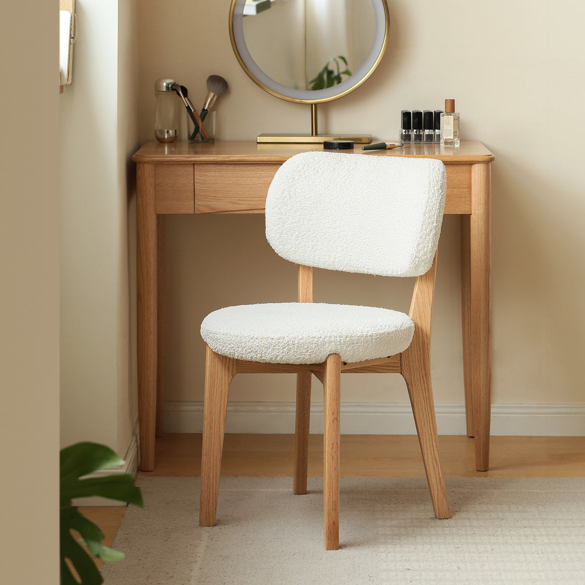 Scandinavian oak wood boucle fabric cover removable dining chair cloud primary product view.