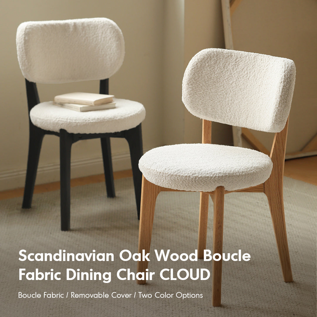 Scandinavian oak wood boucle fabric dining chair cloud material variants.