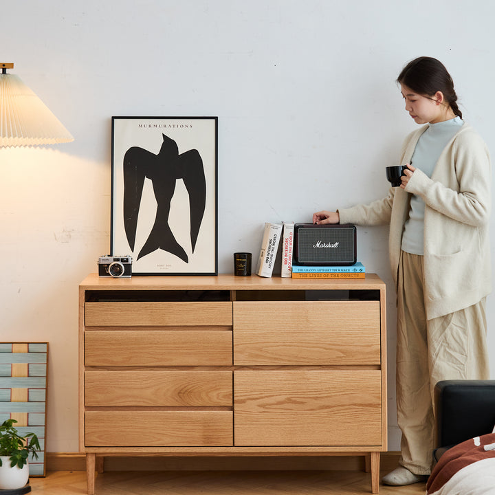 Scandinavian oak wood chest of 6 drawers floating light primary product view.