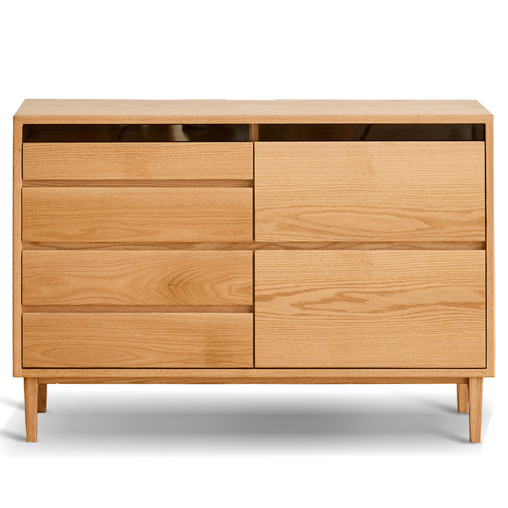 Scandinavian oak wood chest of 6 drawers floating light in white background.