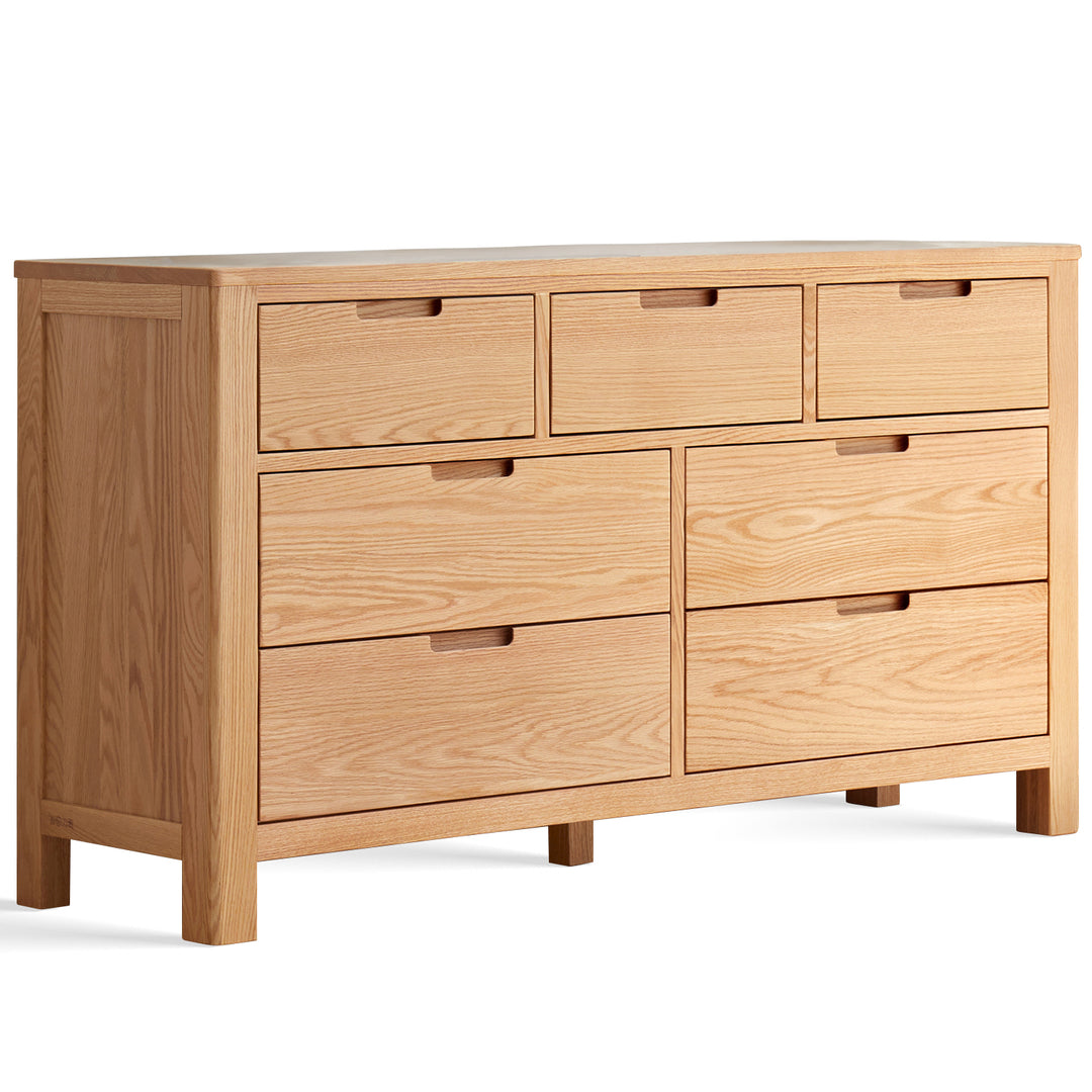 Scandinavian oak wood chest of drawers breeze in white background.