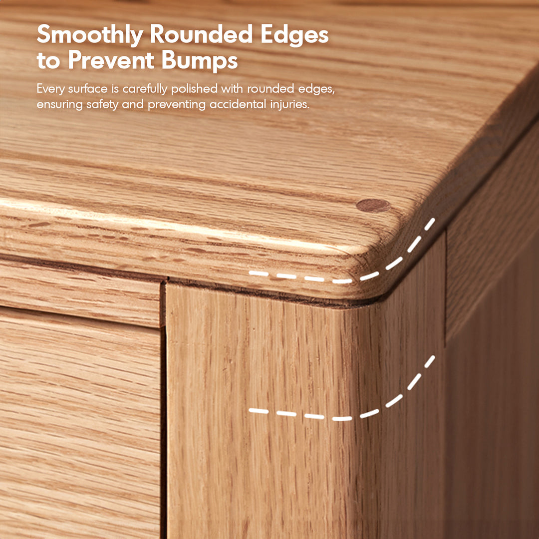 Scandinavian oak wood chest of drawers breeze in panoramic view.