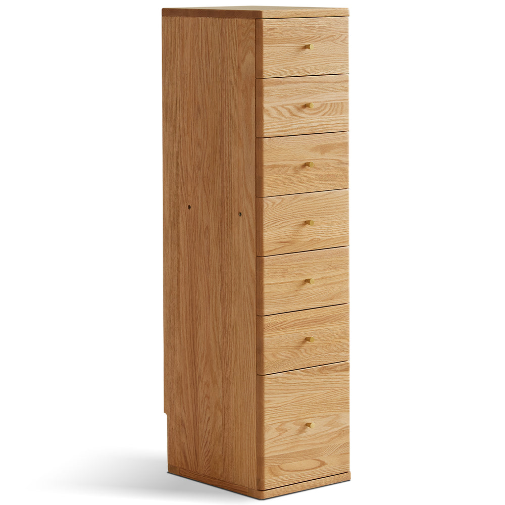 Scandinavian oak wood chest of drawers line in white background.