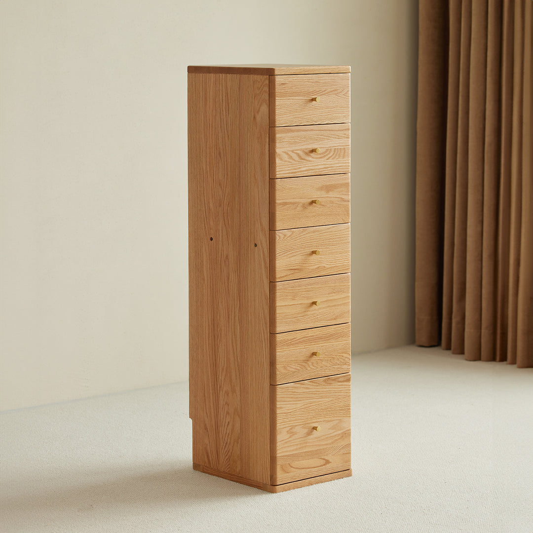 Scandinavian oak wood chest of drawers line primary product view.