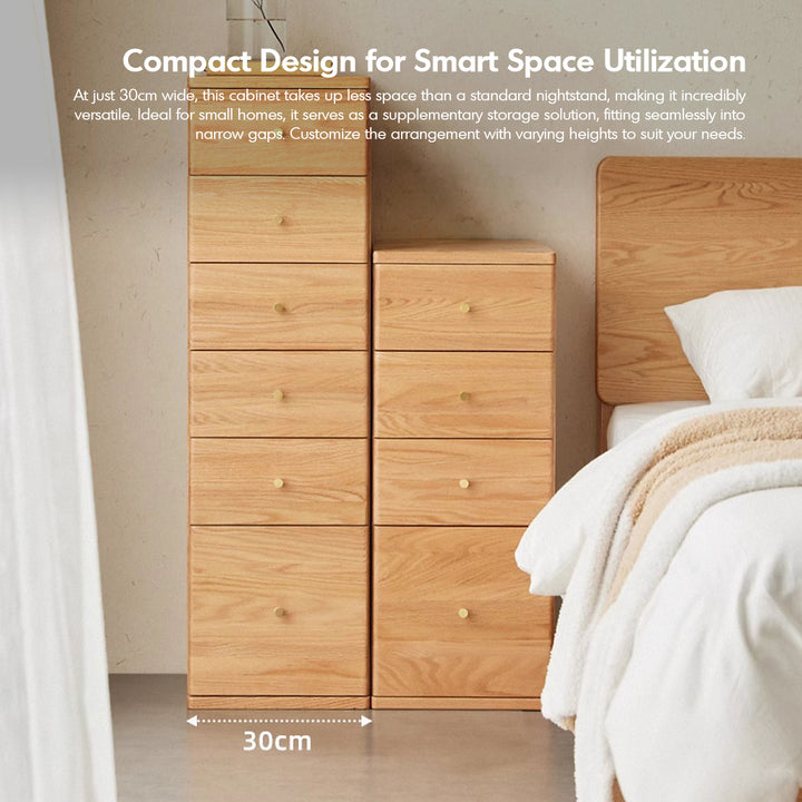 Scandinavian oak wood chest of drawers line with context.