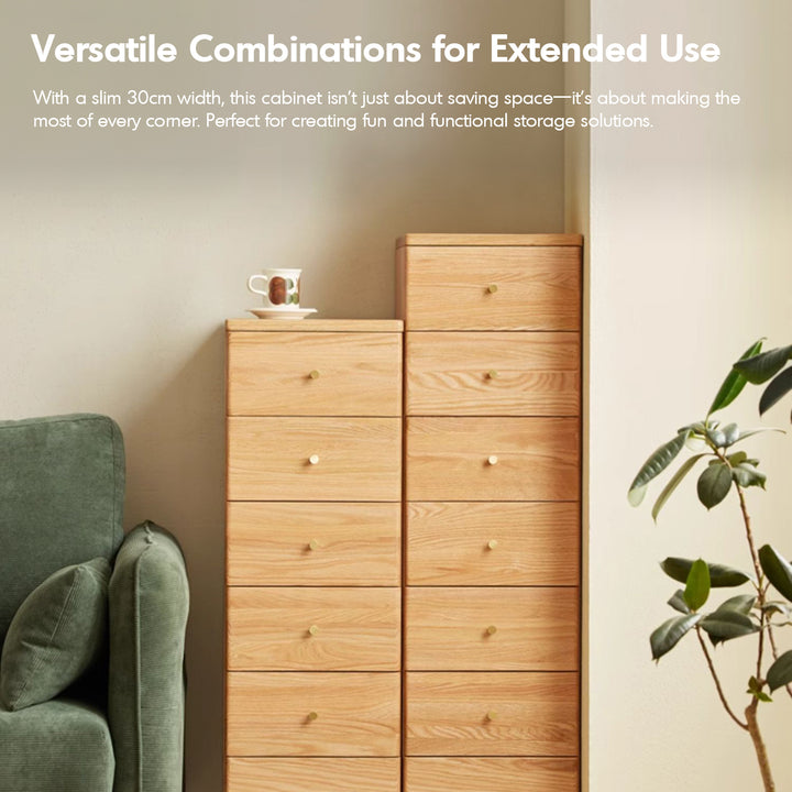 Scandinavian oak wood chest of drawers line in close up details.