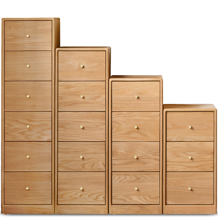 Scandinavian oak wood chest of drawers stack in white background.