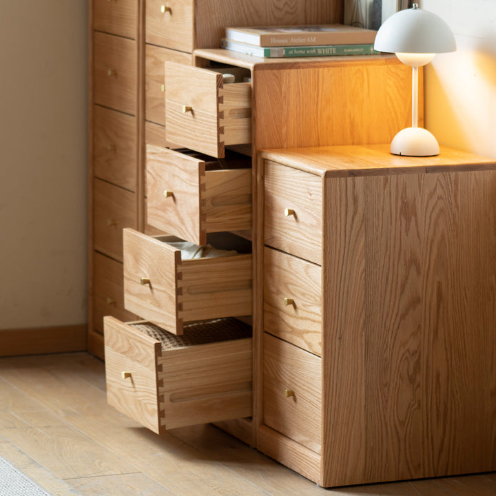 Scandinavian oak wood chest of drawers stack detail 4.