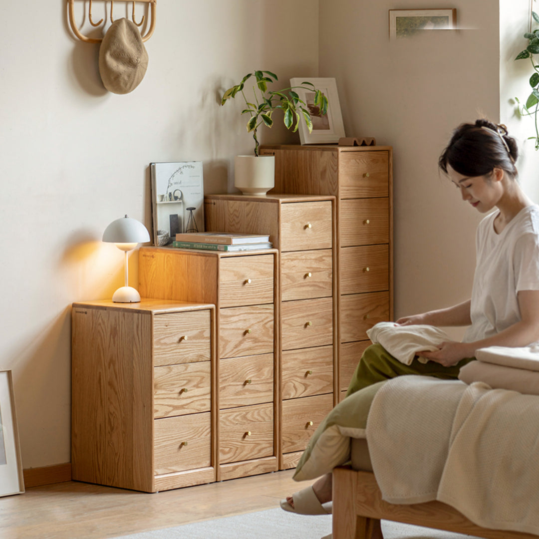 Scandinavian oak wood chest of drawers stack detail 5.