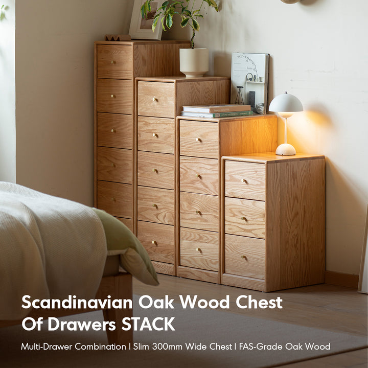 Scandinavian oak wood chest of drawers stack in real life style.