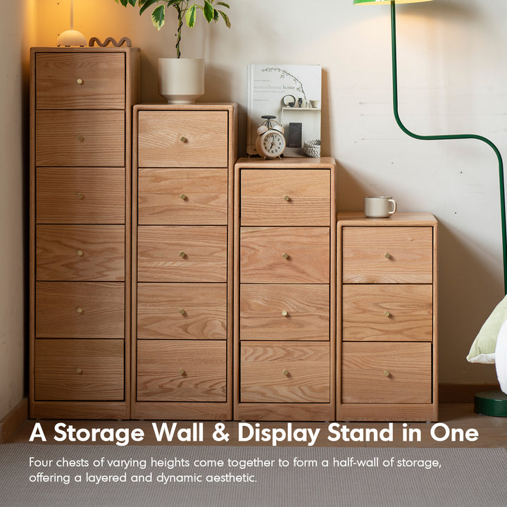 Scandinavian oak wood chest of drawers stack with context.