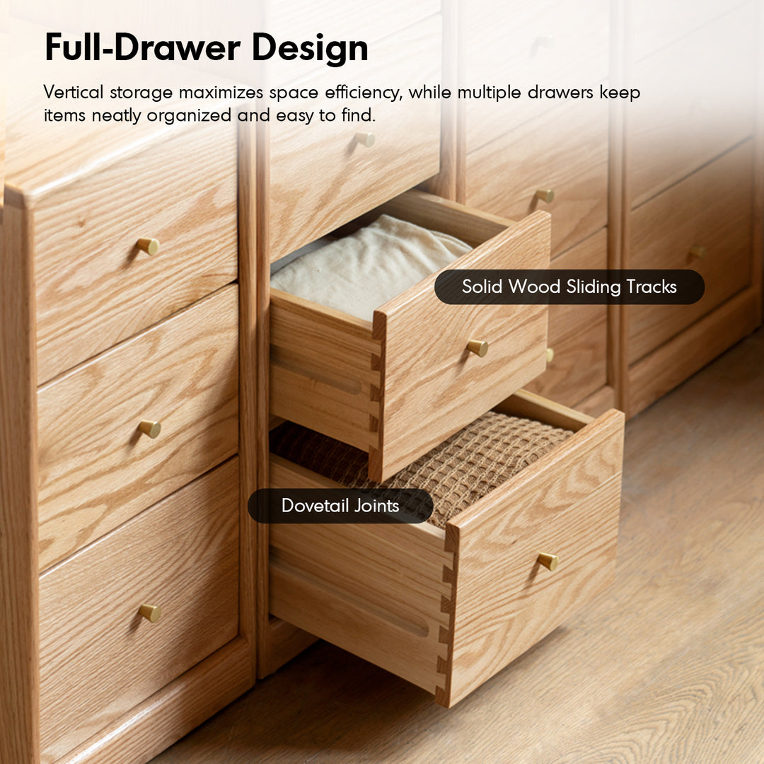 Scandinavian oak wood chest of drawers stack in close up details.